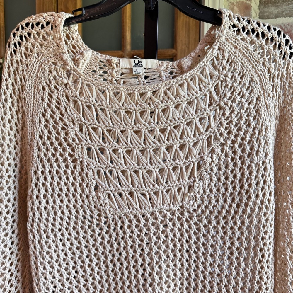 Ya Los Angeles Sweater Women Beige Open Knit Crochet Scoop Neck Large